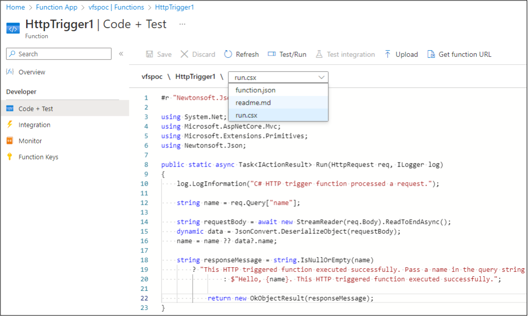 A screenshot of the source for the function (HttpTrigger1).