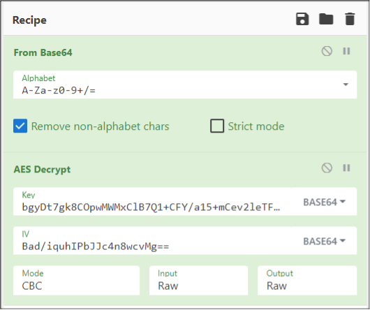 An example of using CyberChef to decrypt data from a JSON blob.