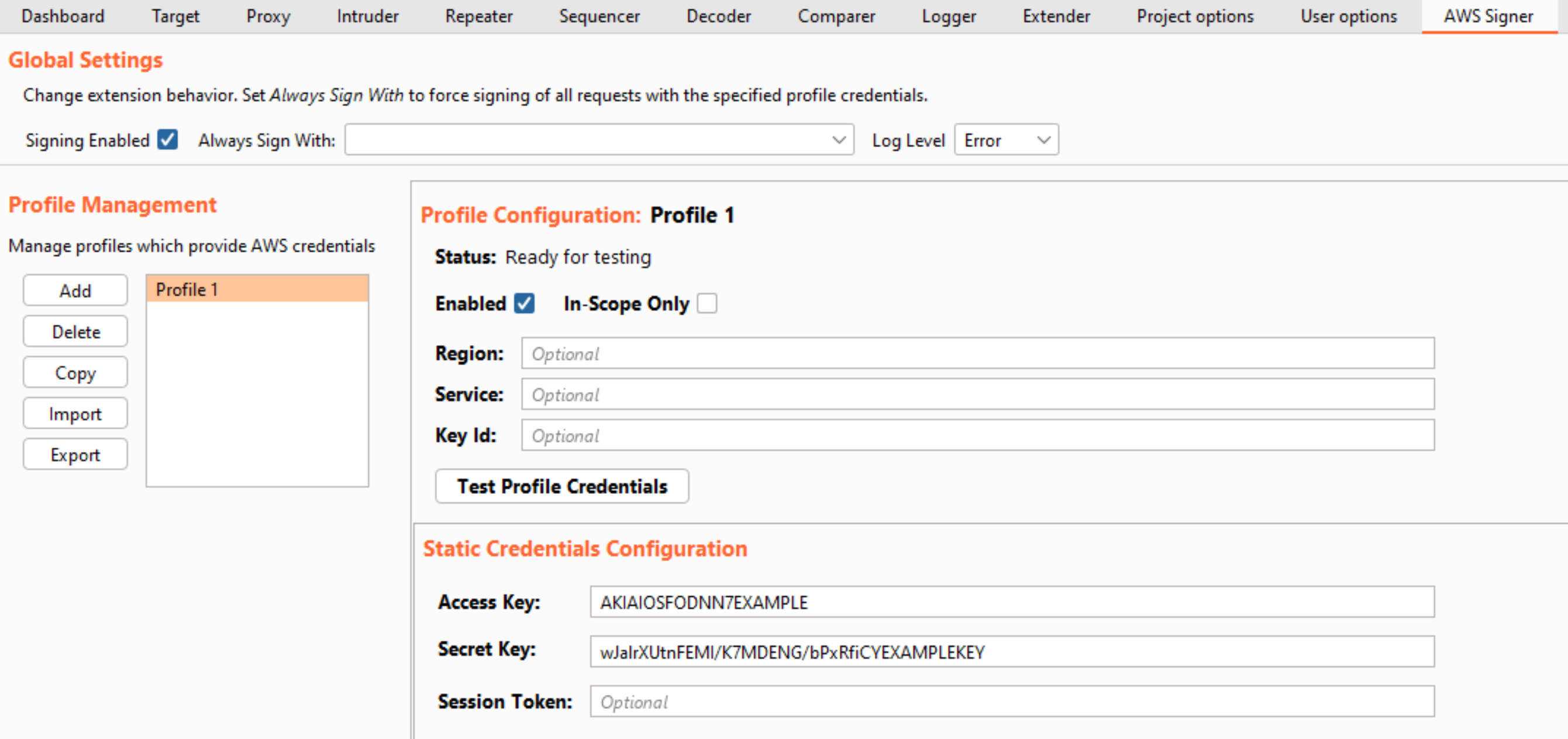 This is the AWS Signer extension UI tab in Burp Suite.