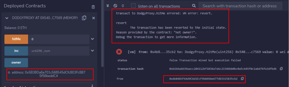 Call fails as the attacker is not yet the contract owner.