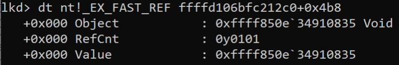 Querying the _EX_FAST_REF structure for the Token field shows the following.