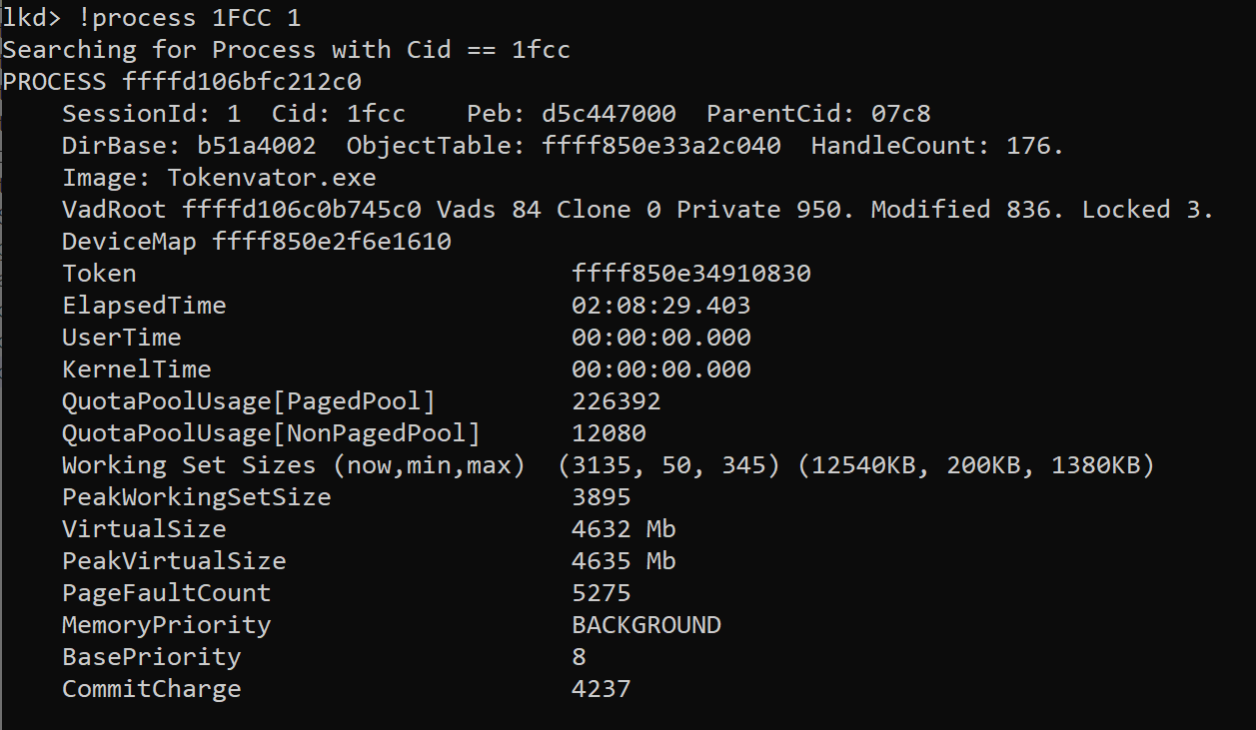 If we were query that address for a _TOKEN structure it wouldn’t work but looking the verbose process information with the command.
