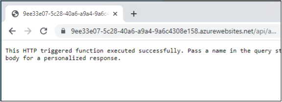 Screenshot of triggering via browser saying This HTTP triggered function executed successfully. Pass a name in the query body for a personalized response.