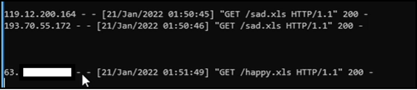 Web server logs showing that TTP did not inspect the file, and that it can be downloaded